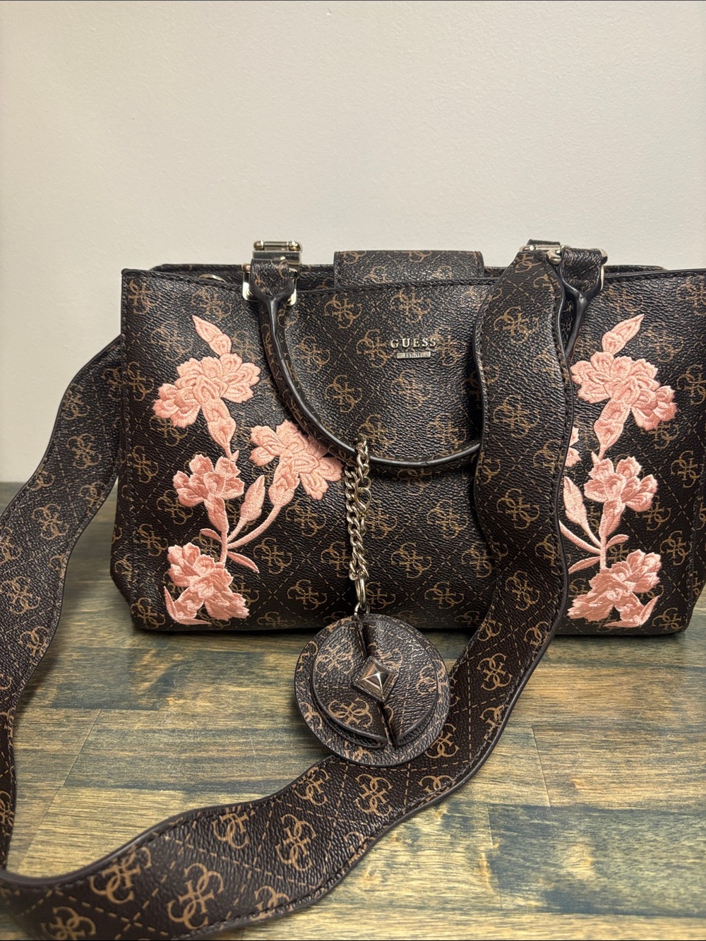 GUESS Brown Satchel with Pink Floral Embroidery
